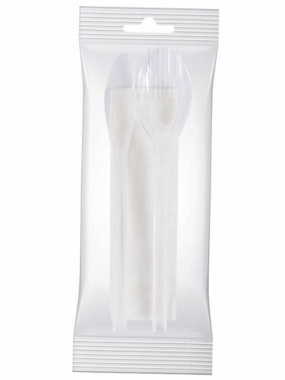 Set transp. vidlička+nůž+ubrousek+páratko